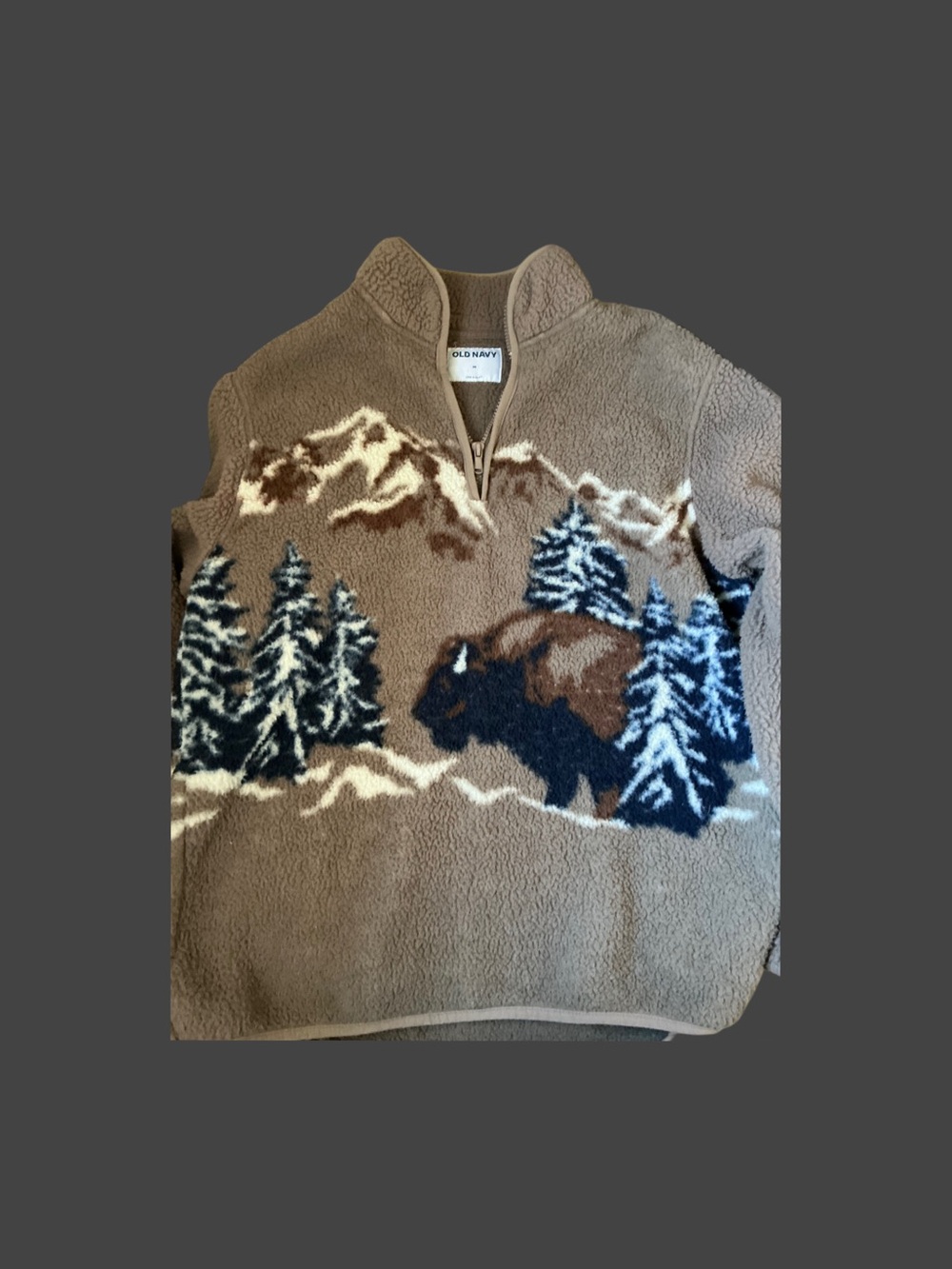 Old Navy Men's Brown Sherpa Zip-Up with Mountain, Tree & Bison Scene